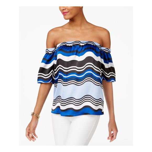 INC Tops - INC Womens Blue Striped Short Sleeve Off Shoulder Top Size: L